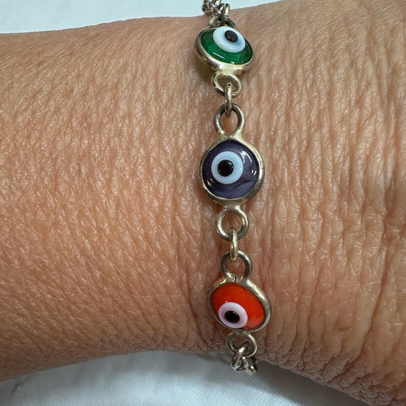 Sterling Silver Evil Eye Glass Bead Chain Bracelet 7.25” - Picture 3 of 9